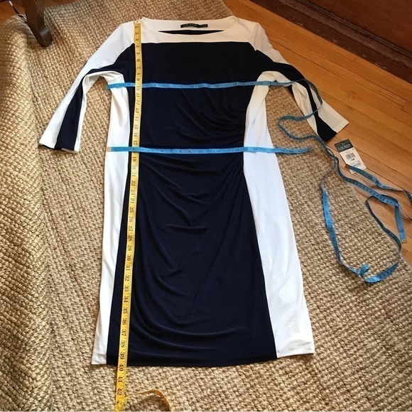 Lauren by Ralph Lauren side ruched, colour blocked, stretchy, flattering dress. - Picture 6 of 9